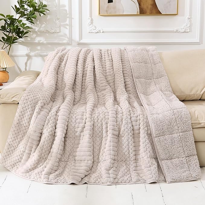 Cottonblue Weighted Blanket 15 lbs for Adults Queen Size Soft Sherpa Fleece | Fuzzy Jacquard Heavy Blankets Throw 60"x80" for Sleep Calm Relax, Cozy Warm Knitted Heavy Blanket for Bed Sofa,Grey & Beige