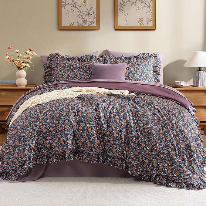 Queen Comforter Set-7 Pieces Floral Ruffle Bedding Set | Purple Ditzy Bed in a Bag, Soft Lightweight All Season Farmhouse Queen Bedding Sets with Sheets, Pillowcases & Shams