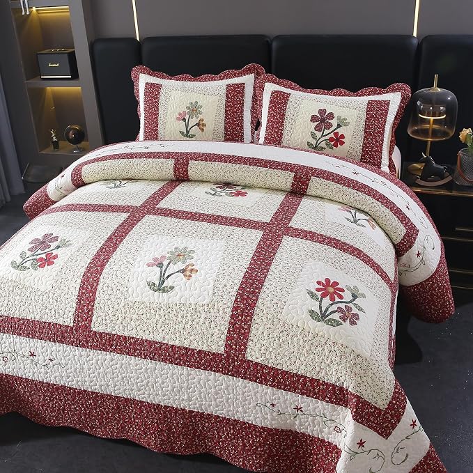vctops Christmas Red 3 Piece Embroidered Floral Quilted Bedspread Quilt Set 100% Cotton Reversible Patchwork Coverlet Set 1 Quilt and 2 Pillow Shams (Red,King)