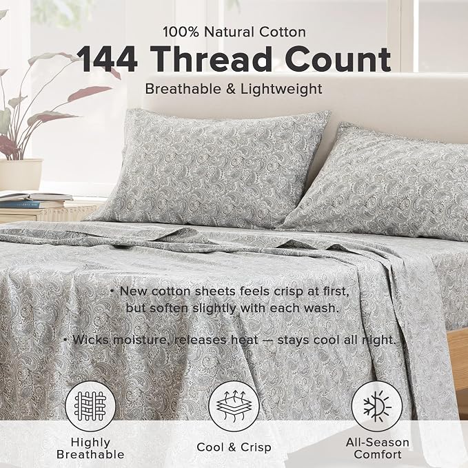 Comfort Spaces 100% Cotton Percale Sheets Cal King Size 4 Pc, Paisley Multi | Crisp, Cool & Breathable Bed Sheets, 14" Deep Pocket Fits Up to 16" Mattress, Lightweight, All Season Cozy, with Pillow Case