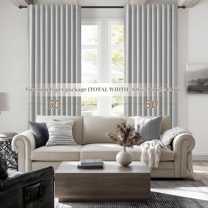 QJmydeco Grey Curtains 60 Inch Length Wide Pleated Blackout Curtain for Sliding Glass Door/Living Room, Farmhouse Linen Thick Boho Bedroom Heavy Insulated Large Window Drapes (60" Wx90 Lx2Panels)