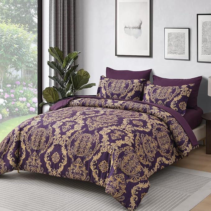 WONGS BEDDING Purple Comforter Set Queen Size,Damask Texture 7 Pieces Bed in a Bag Microfiber Comforter Bedding Sets -1 Comforter, 1 Flat Sheet, 1 Fitted Sheet, 2 Pillow Shams, 2 Pillowcases