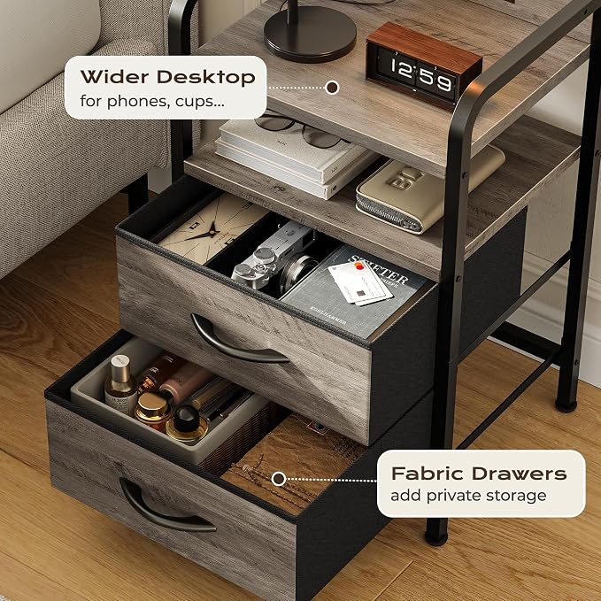 Huuger Nightstands Set of 2, Night Stand with LED Lights, Charging Station | USB-C Ports, 2 Drawers Bedside Table, Open Shelf, 2-Way Power Panel Install, End Table for Bedroom, Oak