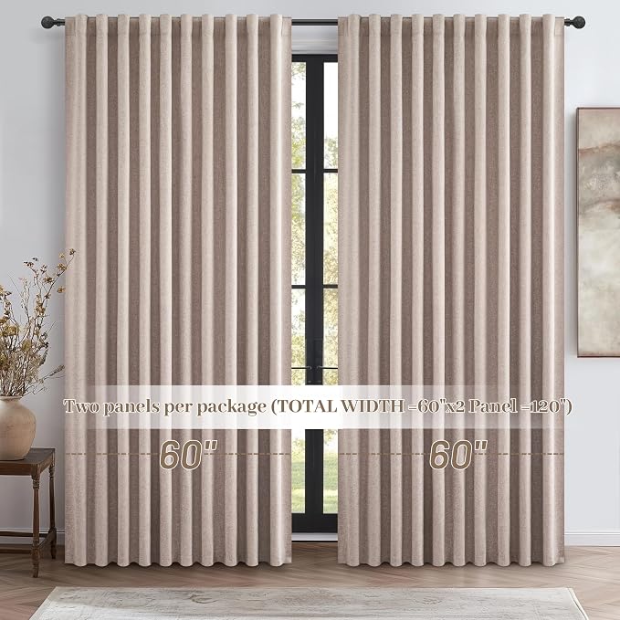 Extra Wide 60 Inch Blackout Curtains 96 Inches Long for Living Room, Rustic Boho Room Darkening Textured Linen Pleated Office Insulated Ceiling Track Large Window Drapes (60"W x 96"L 2 Panels Linen)