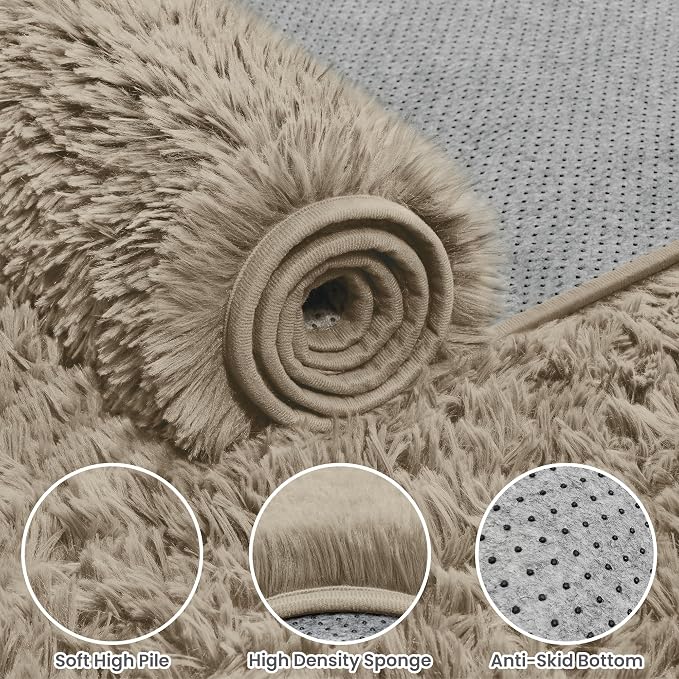 4x6 Fluffy Shag Area Rugs for Living Room Bedroom: Soft Carpet Gray Camel | Upgraded Non-Slip Thick Memory Foam, Ultra Soft, Non-Shedding Fuzzy Carpet, Easy Clean Decor for Kids Room, Nursery, Playroom