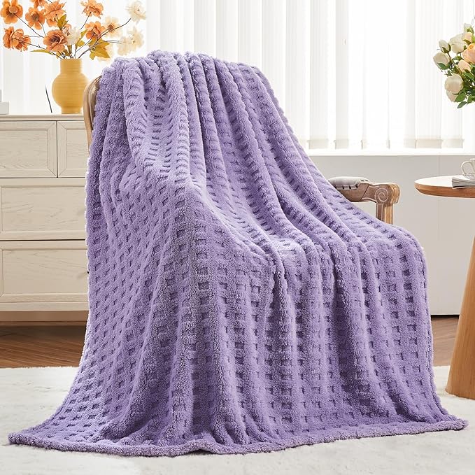 NEWCOSPLAY 3D Waffle Checkered Flannel Twin Blanket, Lavender, 60"x80" | Super Soft Cute Lightweight Decorative Premium Silky Fleece Blanket for Couch Sofa Bed, Gift for Women Men, All Season Use