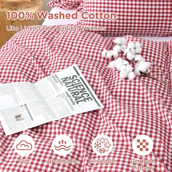 ATsense Red Gingham Ruffle Duvet Cover Set Cotton Like Linen, King | 100% Washed Cotton Linen-Like Feel Soft, Breathable & Comfy. Farmhouse Bedding Set with Zipper & 8 Ties. 3 Pcs, No Insert