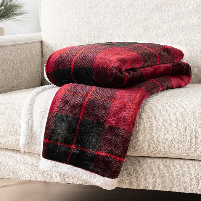 PAVILIA Twin Plaid Sherpa Throw Blanket for Couch Sofa Bed, Black Red 60x80 | GSM 460; Soft Plush Flannel Fleece; Warm&Cozy for Home; Machine Washable, Perfect Cabin Decor Winter Holiday Christmas Gift