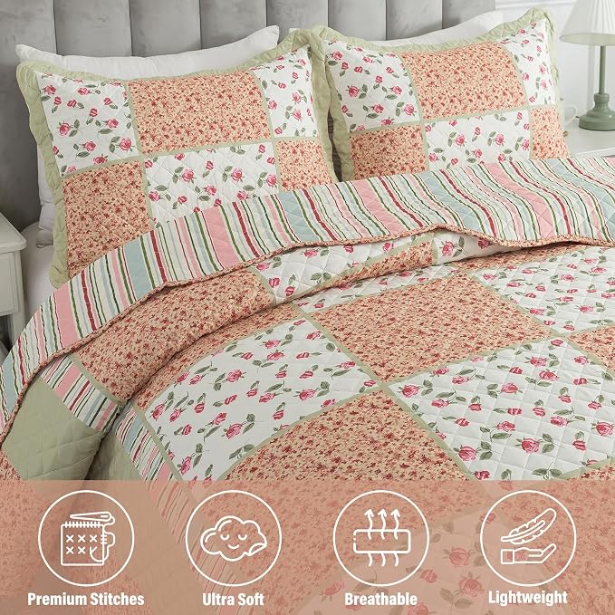 Quilt Set Queen Size, Bedspread Sets Warm Orange Floral, Reversible Quilt Bedding Set Lightweight and Breathable for All Seasons, Soft Quilted Bedspread with 2 Pillow Shams
