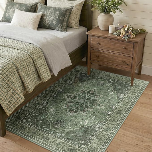RELEANY Washable Area Rug, 3'x5', Green/Dark Green/Gray | Non-Slip, Water Repellent, Pet Friendly, Easy to Clean, Vintage Floral Boho Decor for Living Room Bedroom Beside Kitchen