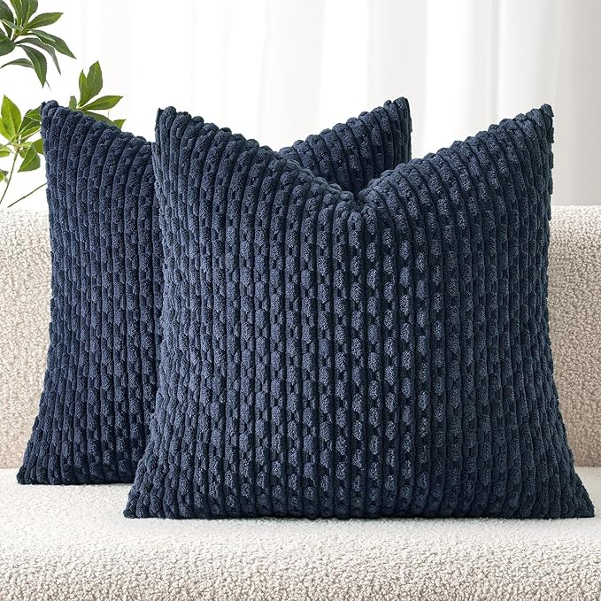 MIULEE Decorative Throw Pillow Covers 18x18 Navy Blue Textured Corduroy | Pack of 2 Striped Pillow Covers Modern Farmhouse Coastal Home Decor for Couch Bed Sofa Living Room