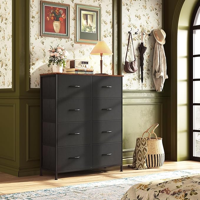 WLIVE Tall Fabric Dresser with 8 Drawers, Storage Tower with Fabric Bins, Double Dressers, Chest of Drawers for Closet, Bedroom, Living Room, Hallway, Dorm, Black and Rustic Brown | Black tall 8-drawer fabric dresser with bins, sleek modern tower for b...