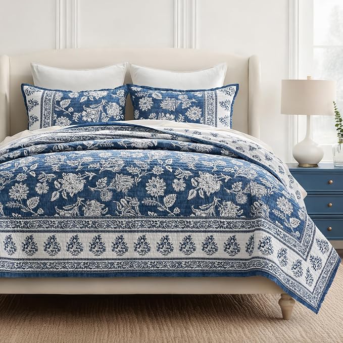 EverGrace 100% Cotton Floral Quilt Set, King Size, Indigo Blue 108"×96" | Reversible Lightweight Bedspread Coverlet, Vintage Floral Farmhouse Bedding,Traditional Block Print Quilt with 2 Pillow Shams