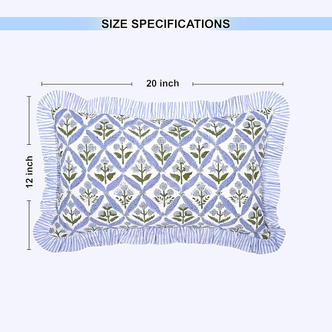 Ridhi Block Print Light Steel Blue Ruffle Lumbar Pillow Shams, 20" x 12" | 100% cotton, Floral Pillowcase, Cushion Cover, Hidden Zipper, Cottagecore Bedding, farmhouse boho style, fits couch, sofa,Bed