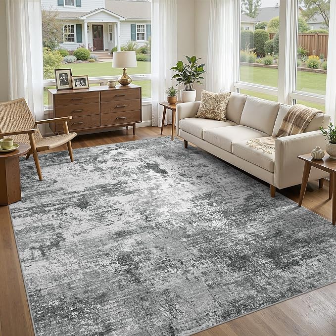 UERMEI 9x12 Area Rug for Living Room - Washable Neutral Modern Abstract Carpet, Non-Slip Soft Large Indoor Floor Rugs for Bedroom Home Office & Under Dining Table Decor, Grey Black