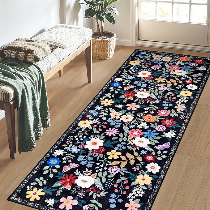 PLHXFR 2x6 Washable Runner Rug：Floral Indoor Kitchen Soft Carpet Black | For Hallway Bedroom Kitchen Laundry Bathroom Dorm,Vintage Floral,Machine washable,Non Slip,Stain Resistant,Indoor Floor