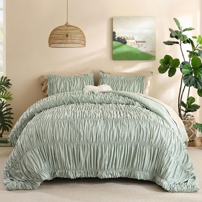 weigelia Sage Green Ruched Comforter Set Queen Size, Cute Bedding Set | All Season, Soft Microfiber Comforter, Cozy Cinched Design for Home & Bedroom Decor (1 Comforter,2 Pillowcases)