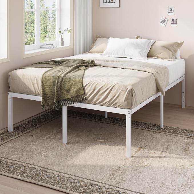 Allewie Full Size Bed Frame, 18 Inch Metal Beds with Storage Space, White | Heavy-Duty Metal Platform Beds, Large Under-Bed Storage Space, No Box Spring Needed, Easy Assembly
