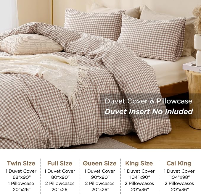 TOCOMOA Tan Gingham Duvet Cover Bedding Set Washed Cotton Like Linen, Full | 100% Washed Cotton Linen-Like Feel Soft, Breathable & Comfy. Fall Vintage Farmhouse Decor, Zipper & 8 Ties. 3 Pcs, No Insert