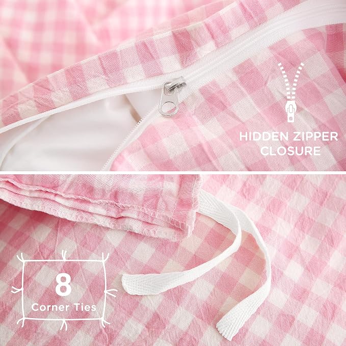 TOCOMOA Pink Gingham Duvet Cover Bedding Set Washed Cotton Like Linen Queen | 100% Washed Cotton Linen-Like Feel Soft, Breathable & Comfy. Lightweight Bedding Set with Zipper & 8 Ties. 3 Pcs, No Insert