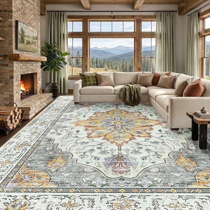 RELEANY Washable Area Rug, Large 9'x12', Beige/Carbon Grey/Orange | Non-Slip, Water Repellent, Pet Friendly, Easy to Clean, Vintage Floral Boho Decor for Living Room Bedroom Dining Room