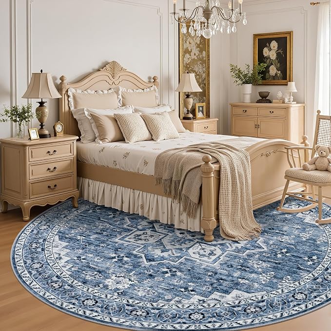 Round Area Rug for Living Room: 4ft Washable Rug for Bedroom Blue | Vintage Boho Soft Round Rug Indoor Floor No Slip Carpet Stain Resistant Rugs for Bedroom Dining Room Nursery Home Office