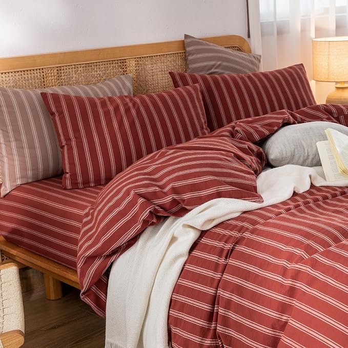 BESTOUCH Striped Cotton Duvet Cover Set Linen Feel Twin | 100% Washed Cotton, Soft Wrinkle Texture, Hidden Zipper, 8 Ties, Breathable Lightweight Durable Comfy, 2 Pcs No Insert