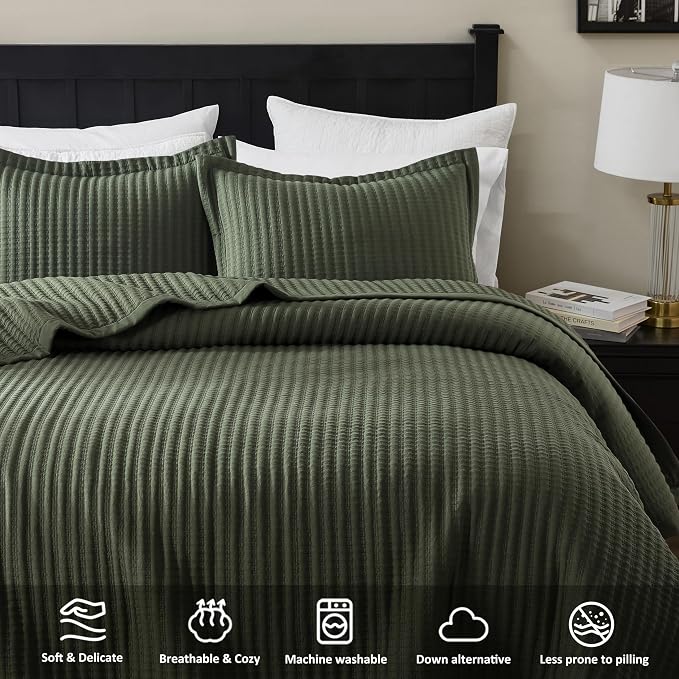 WDCOZY Olive Green Queen Size Quilt Set, Striped Pick Stitch Bedspread | Lightweight Soft Channel Coverlet, Spring Summer Thin Comforter, Farmhouse Rustic Country Bedding