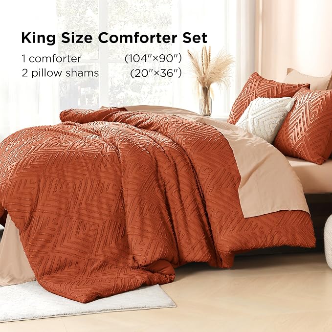 Litanika King Size Comforter Set, 3 Pieces Tufted Boho Bedding Set | Terracotta Farmhouse Shabby Chic Vintage Bohemian Textured Aesthetic Soft Fluffy Lightweight Breathable All Season Bed Set