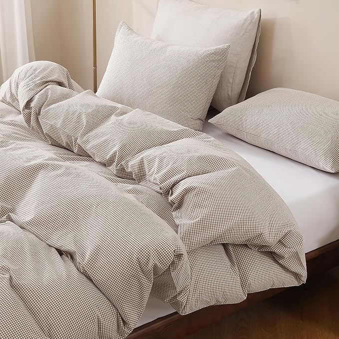 TOCOMOA Mini Gingham Tan Duvet Cover Set Washed Cotton Like Linen, King | 100% Washed Cotton Linen-Like Feel Soft, Breathable & Comfy. Lightweight Bedding Set with Zipper & 8 Ties. 3 Pcs, No Insert