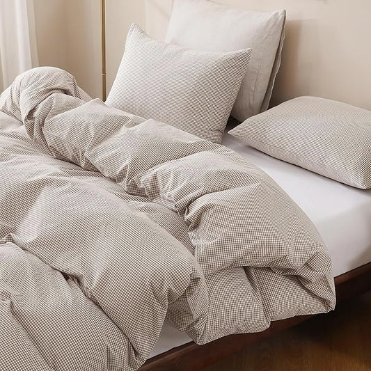 TOCOMOA Mini Gingham Tan Duvet Cover Set Washed Cotton Like Linen, King | 100% Washed Cotton Linen-Like Feel Soft, Breathable & Comfy. Lightweight Bedding Set with Zipper & 8 Ties. 3 Pcs, No Insert