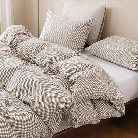 TOCOMOA Mini Gingham Tan Duvet Cover Set Washed Cotton Like Linen, Queen | 100% Washed Cotton Linen-Like Feel Soft, Breathable & Comfy. Lightweight Bedding Set with Zipper & 8 Ties. 3 Pcs, No Insert
