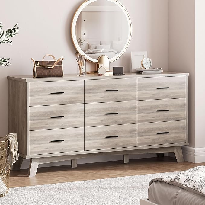Xixini Dresser for Bedroom, 9 Drawer Wide Modern Chest of Drawers with X-Shaped Sturdy Base, Wood Double Dresser Closet Clothes Storage Organizer, Wooden TV Stand for Living Room, Hallway, Grey