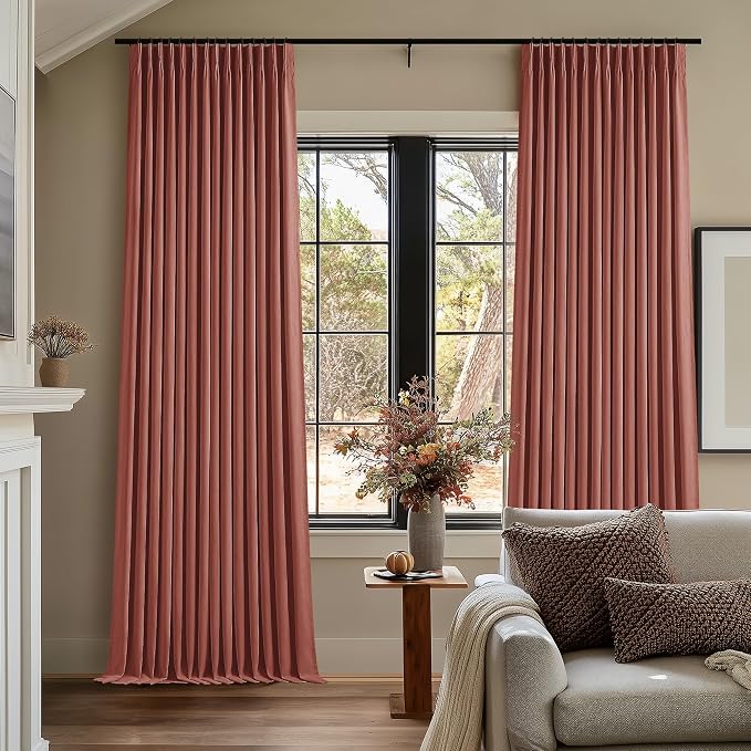 Terracotta Pinch Pleat 100% Blackout Linen Bedroom Curtains 96 Inch Length | Double Layer Curtains, Pleat with Ring Hooks Back Tab, Black Out Room Darkening Drapes, for Living Room, 40x96 2 Panels Set