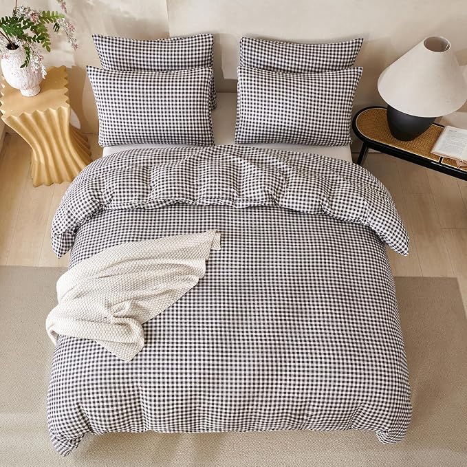 Black Grid Comforter Set Queen Soft Luxury Washed Microfiber 3 Pieces Bedding Set, White Grey Grid Pattern Comforter with 2 Pillowcases Breathable Durable Comfy