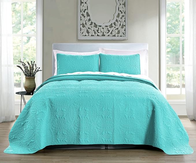 Pure Bedding Quilt Set King/Cal King/California King Size Aqua - Oversized Bedspread - Soft Microfiber Lightweight Coverlet for All Season - 3 Piece Includes 1 Quilt and 2 Shams, Geometric Pattern
