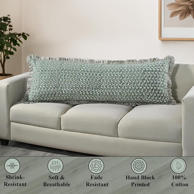 Ridhi Block Print Basil Green Ruffle Lumbar Pillow Shams, 54" x 20" | 100% cotton, Floral Pillowcase, Cushion Cover, Hidden Zipper, Cottagecore Bedding, farmhouse boho style, fits couch, sofa,Bed