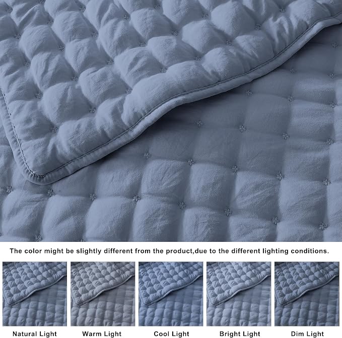WDCOZY Dusty Blue Cloud Quilt Set Queen Size, Lightweight Soft Cross Stitch Bedspread, Farmhouse Rustic Country Coverlet, Spring Summer Thin Comforter, 3 Pieces, 2 Pillow Shams, 90x90 inches