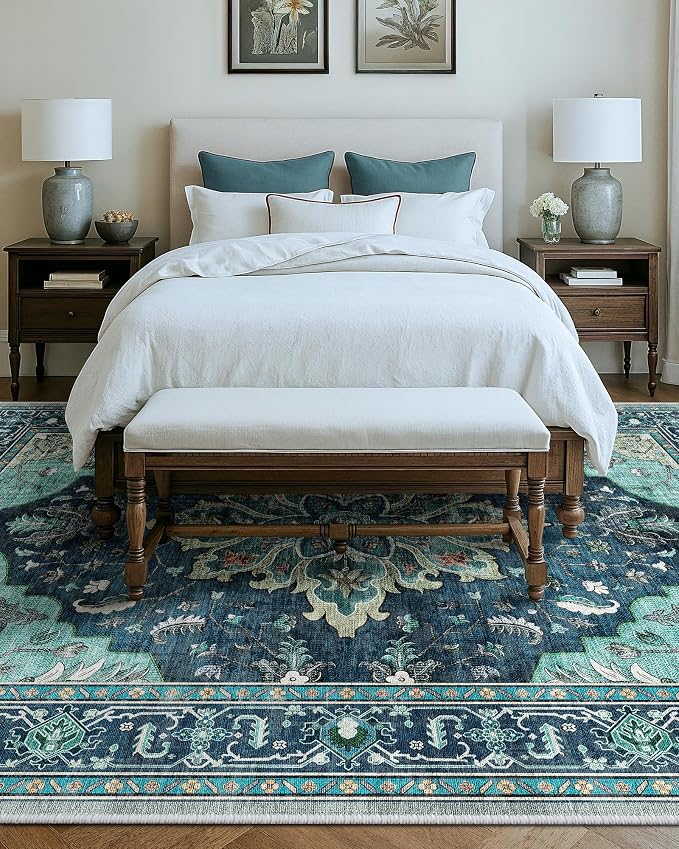 RELEANY Washable Area Rug, Large 9'x12', Teal | Non-Slip, Water Repellent, Pet Friendly, Easy to Clean, Vintage Floral Boho Decor for Living Room Bedroom Dining Room