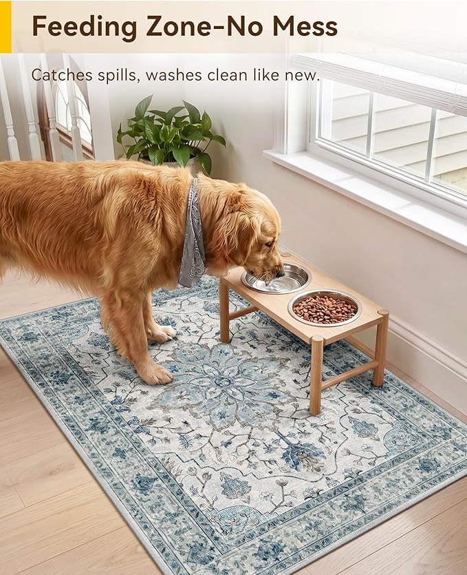 RELEANY Washable Area Rug, Small 2'x3', Blue/White/Gray | Non-Slip, Water Repellent, Pet Friendly, Easy to Clean, Vintage Floral Boho Decor for Kitchen Entryway Bathroom