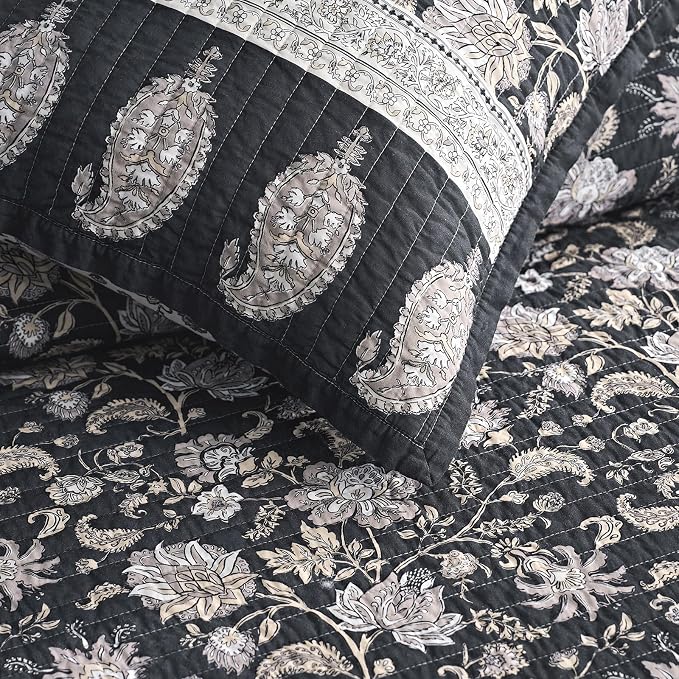 100% Cotton Floral Quilt Set, Queen Size, Dark Charcoal 92"×96" | Reversible Lightweight Bedspread Coverlet, Vintage Floral Farmhouse Bedding, Traditional Botanical Quilt with 2 Pillow Shams