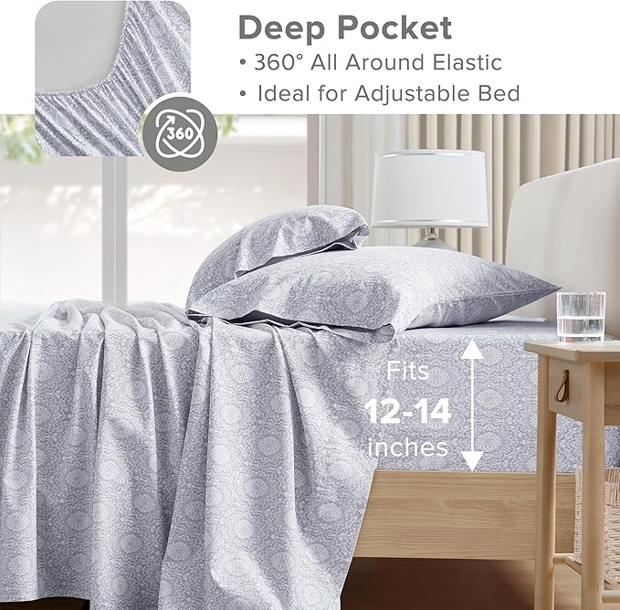 Comfort Spaces 100% Cotton Percale Sheets Twin Sheet Set 3 Pcs, Adelia Gray | Crisp, Cool & Breathable Bed Sheets, 12" Deep Pocket Fits Up to 14" Mattress, Lightweight, All Season Cozy, with Pillow Case