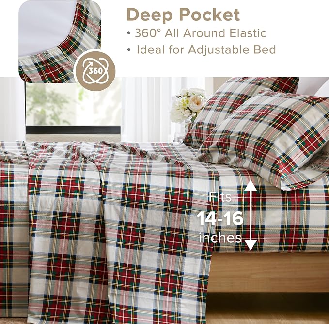 Comfort Spaces 100% Cotton Percale Sheets Full Sheet Set, 4 Piece | Crisp, Cool & Breathable Bed Sheets, 14" Deep Pocket Fits Up to 16" Mattress, Lightweight, All Season, Scottish Plaid Red