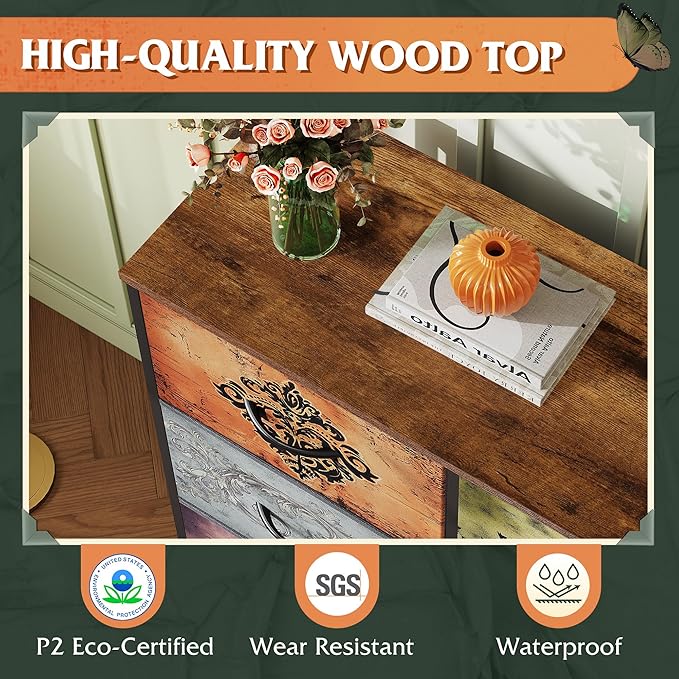 WLIVE 8 Drawer Fabric Dresser for Bedroom, Tall Storage Tower, Pattern | 8-drawer tall storage tower with fabric bins and wood tabletop, breathable non-woven, perfect for bedroom closet dorm