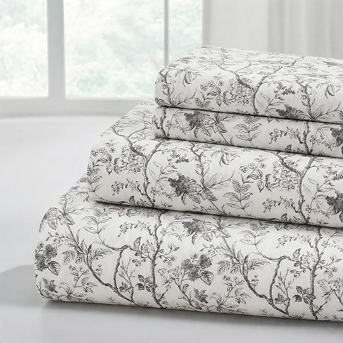 Modern Threads Silky Soft Microfiber and Wrinkle Free Sheets - Luxurious Microfiber Bed Sheets Includes Flat Sheet, Fitted Sheet with Deep Pockets, & Pillowcases Grey Garden Toile, King