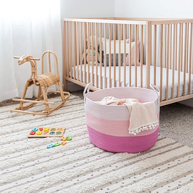OrganiHaus Round Toy Basket & Blanket Basket, Cotton Rope 20x13" | 3-Toned Pink - Round Cotton Rope Basket, 20x13"