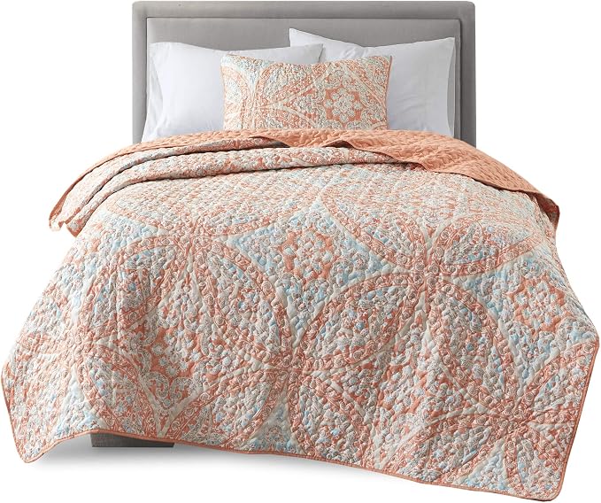 Comfort Spaces Gloria Boho Twin XL Quilt Set 2 Piece for Summer Coral | Reversible Coverlet Bedspread, Soft All Season, Medallion Pattern, Winter Layer with Shams Modern Lightweight, Cozy Comfort