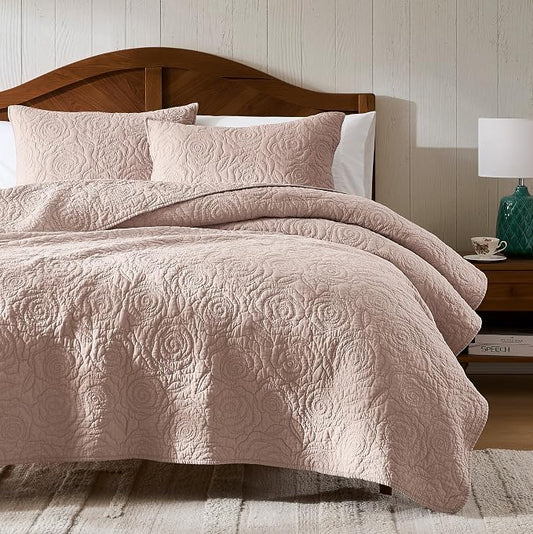 WDCOZY 100% Cotton Cal King Quilt Bedding Sets Floral Rosette Pink | Pre-Washed Thin Farmhouse Bedspread, 118"x106" Comforter + 2 Sham 20"x36", Lightweight Coverlet, All-Season, Machine Washable