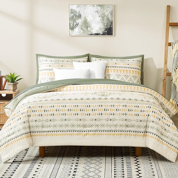 King Size Comforter Set - 7 Pieces Western Bedding Reversible Bed in a Bag | Boho Bedding, All Season Aztec Bed Set with Comforter, Sheets, Pillowcases & Shams, Olive Green