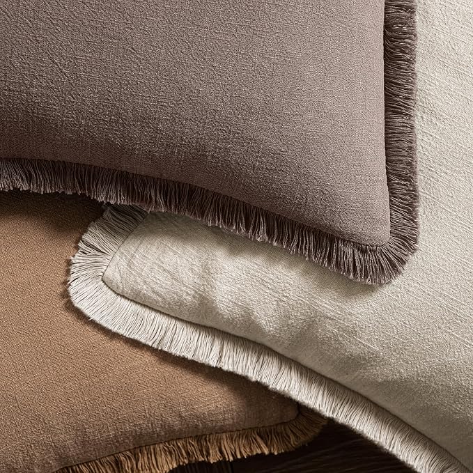 MIULEE Linen Decorative Fall Euro Throw Pillow Covers Malt Ball 26x26 | Set of 2, Cottagecore Decor, Boho Farmhouse Neutral Pillow Covers, Rustic Fall Fringe Couch Cushion for Sofa Bed Living Room